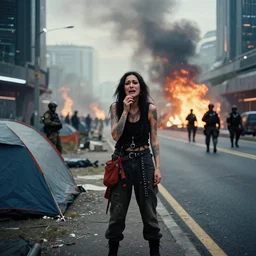 Cinestill 50d candid extreme wide shot of a poor techwear mixed woman wearing makeup crying outside of a futuristic city on fire, cyberpunk, tattoos, homeless tents on the side of the road, military police, 4k, extreme long shot, desaturated, full shot, action shot, blurry, 4k, 8k, hd, full color