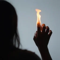 photo still of behind view, dark silhouette of a hand, enchanting a fire spell, 8 k, studio lighting bright ambient lighting key light, 8 5 mm f 1. 8