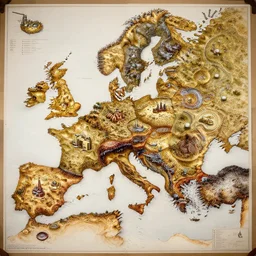 highly detailed labeled atlas map poster of a synthetic kingdom, well - lit, ray tracing, detailed, paper drawing, fractal structure, golden, silver and crimson ink, factories and nature, intricate details
