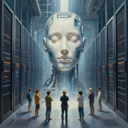 professional painting of tiny people praying to monumental conscious supercomputer with huge - cybernetic - face!!!! in the center of endless colossal server room, trending on artstation, cyberpunk, sci - fi, futuristic, by greg rutkowski and maciej kuciara, high quality
