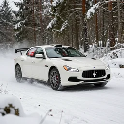 a 2 0 1 1 maserati quattroporte sport gt s, racing through a rally stage in a snowy forest