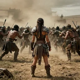 long distance photo of ancient tribewoman  standing against barbarians, in armor from monster hunter, attacking barbarian horde in the background, back shot, muscular bodies, dramatic lighting, cinematic, establishing shot, extremely high detail, photorealistic, 300 the movie,monster hunter the movie, dune the movie, cinematic lighting, artstation, octane render, western,old photo, vintage