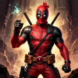 a chicken like deadpool, super power, overdetailed art, by greg rutkowski, magic