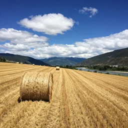 a field of hay rolls downhill away from perspective towards a river, mountains in the distance, fluffy clouds dot a deep blue sky, 4 k, realistic