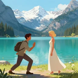 a dark - haired man proposes to his blond wife next to a beautiful turquoise lake, mountain in the background, digital art