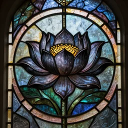 a beautiful and hyperdetailed stained glass window of a black lotus, in the style of magic the gathering!!!! 8 k, volumetric lighting, cell shaded, intricate detail, octane render