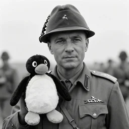 pingu as a wwii general. greyscale photograph.