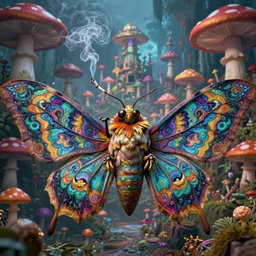 8K headshot Portrait of centered chest up of a psychedelic godlike mothman with giant mandala wings smoking a hand-rolled cigarette smoking heavily , magic mushroom village in background , post-processing , award winning. superb resolution. in the art style of tokyo movie shinsha and greg rutkowski . Detailed Mushroom city in background. Hyper realistic anime. Perfect art. Dalle2