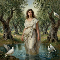 portrait of ancient young beautiful woman on earth between olive trees and doves of peace in primeval waters, dynamic lighting, cinematic, establishing shot, extremely high detail, photo realistic, cinematic lighting, oil painting, intricate line drawings