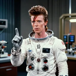 photorealistic medium close shot cinematography of a 1 9 8 1 version of healthy david bowie in a cheesy 5 0's space suit acting as a man from outter space in a twilight zone episode that takes place in an art deco lab shot on film by the shining cinematographer john alcott on a cooke panchro 6 5 mm macro lens.