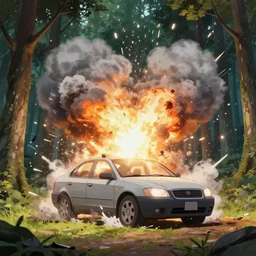 a car exploding in a forest, anime style, highly detailed
