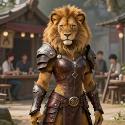 beautiful portrait of a female anthropomorphic lion fursona wearing leather fantasy armor outside a fantasy tavern. character design by charlie bowater, ross tran, artgerm, and makoto shinkai, detailed, soft lighting, rendered in octane