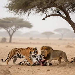a tiger is fighting a lion over a zebra corpse, desert, a crow on a tree branch, foggy, early morning