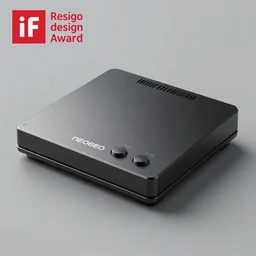 neogeo gaming system, sleek, no buttons, black and grey color scheme, dieter rams and johnny ive inspired, 3 d render ; industrial design ; behance ; if design award ; reddot design award.