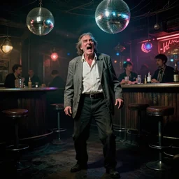 the full - body shot of drunk screaming old wrinkled unkempt drunkard ( ( joaquin phoenix ) ) with sideburns worn in grey jacket and white shirt in dark steampunk fallout disco bar, cinematography of christopher doyle, frostpunk, neon gloomy light, discoball reflections, anamorphic, optical flares, kodak film, sharp focus, 8 k