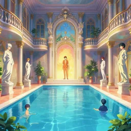 subsurface scattering, beautiful interior of a pool inside a stunning mansion with statues, nobody, vibrant colors, ross draws, atey ghailan, delphin enjolras, goro fujita, makoto shinkai, rim light, exquisite lighting, octane render, very coherent, trending on artstation