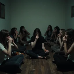 photo of a room of people consuming the void, the vibe is eerie, the image is low quality, it was found on the deep web.