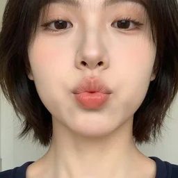 portrait shot of a beautiful girl with puffy lips, squarish face, short hair
