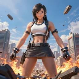 a giant giga sized tifa from final fantasy 7 remake destroying a city while smiling, digital art, octane render, award winning, very detailed, full body portrait, 3d render, detailed facial expressions, destroyed city, destruction, fire, video game art, no text