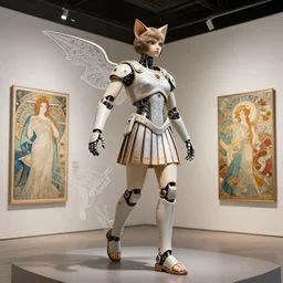 3 d octane render ultra photorealistic 8 k hyper detailed high quality image un tres jolie robot romain avec des oreille de chat flying in the space cyberpunk in a contemporary art gallery in neo tokyo artwork line art by alphonse mucha