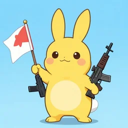 A tall, yellow, anthropomorphic rabbit, holding a trans flag in one hand and an assault rifle in the other hand, cute digital art, featured on Pixiv