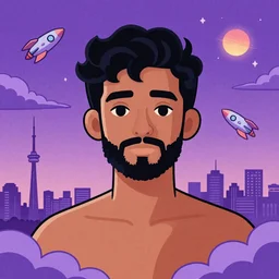 Psychedelic Illustration of A black-haired 29 years old boy with beard and tan skin with purple clouds and spaceships on the horizon in Toronto
