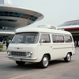 retrofuturistic general motors camper van of the future inspired by spaceship design 1960s american world's fair, press photograph
