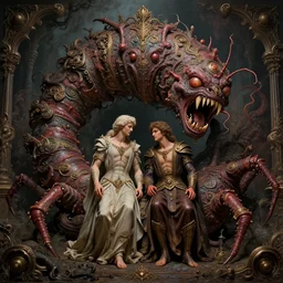 Adam and eve with a screaming worm monster, maximalist, high detail, 8k, ornate, dark fantasy, realistic, masterpiece, complex, WLOP, wide angle
