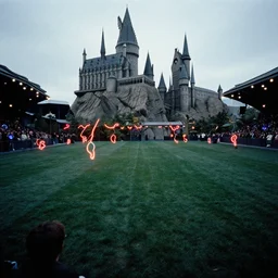 a view film still of quidditch field with lots of neon placed in hogwarts by greg rutkowski