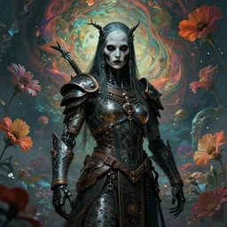 portrait of a single gothic mute hybrid cyborg warrior incan warrior, cybor clothes shaping the universe, freedom fighter, eerie, cinematic, epic, 8 k, ultra realistic, rendered by awesomeness. a psychedelic apocalypse, illustration by albrecht durer, concept art in style of carne griffiths artwork by xsullo, background of beautiful floweres floatingby elson, peter kemp, peter