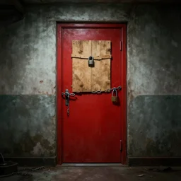 red door in a basement, boarded up, padlocks, chains, locked, forbidden creepy mood, game art matte painting hyperdetailed, artstation, cgsociety, 8 k, surreal dream landscape