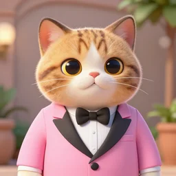 3d render , anthropomorphic cat wearing a pink tux, in the style of Zootopia