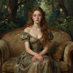 a queen of good vibes sitting by herself on a sofa in a forest, drawn by CloverWorks, intricate detail