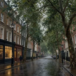 Victorian city street lined with trees with front view of shops on a rainy day in London, evening, low angle view, detailed matte painting, cinematic, John Atkinson Grimshaw, Artstation