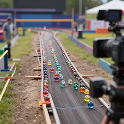 1 0 0 marbles on a track racing against each other, multi colors marbles, crazy track, entertainment camera, sport's camera shot, tv camera shot, telephoto lens shot, long lens, far view, provided by unreal engine, 8 k, artsation