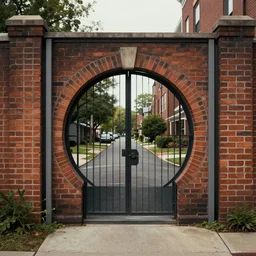 brick wall with a circular gate leading into a suburban street. framed, centralized urban fantasy, high detailed digital art trending in artstation. artist greg rutkowski