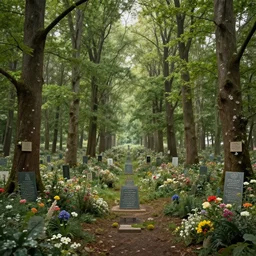 A memorial grove of trees dedicated to missing people, plaques, solemn, flowers game art matte painting hyperdetailed, artstation, cgsociety, 8k, surreal dream landscape