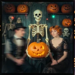 kodak portra 4 0 0, wetplate, muted colours, motion blur, portrait photo of a backdrop, pumpkin skelleton, 1 9 2 0 s, coloured in teal orange fire, sparkling, by georges melies and by wes anderson and by britt marling,
