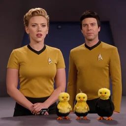 Scarlett Johansson and Tribbles in a scene from Star Trek, 4k