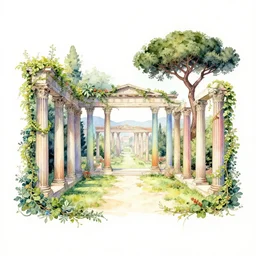 delicate garden on paper floating puffy vines botanical herbarium botanic watercolors iridescent 8 k wide angle realistic artstation italian rainbow colonnade oak pine liberty architecture pompeii