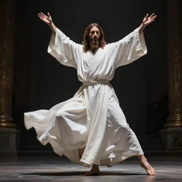 jesus christ wearing a white robe strikes a dance pose in the apocalypse, intricate, hyper detailed, accent lighting, dramatic light, 4 k octane render