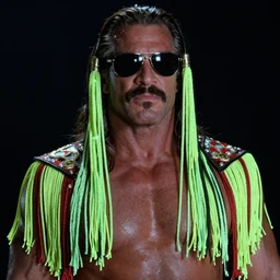 a film still of macho man randy savage, his sunglasses are glowing, his tassels are neon and glowing