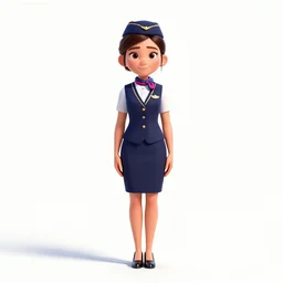young flight attendant, stylized pixar-style 3d render, full body, standing, isolated on a pure white background, centered, whole figure in frame, sharp focus, studio lighting