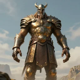 a tall giant with arms that dangle all the way down to his feet, he is wearing a bronze chest plate and a Viking helmet. Epic digital art