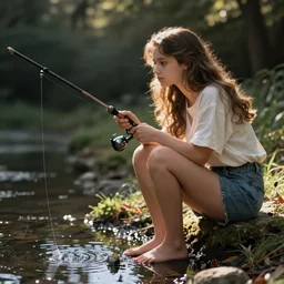 girl sitting next to a puddle with a fishing pole, trying to fish in the puddle