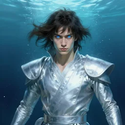 character concept portrait, centralized, aaron taylor johnson as a fighter in silver robes, glowing blue eyes, underwater, style digital painting, concept art, smooth, sharp focus, illustration, from metal gear, by ruan jia and mandy jurgens and william - adolphe bouguereau, artgerm