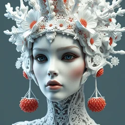 complex 3 d render hyper detailed ultra sharp beautiful futuristic close - up stunning biomechanical humanoid woman with carved porcelain ivory fair face, iris van herpen daisies corals filigree lace haute couture headdress with rhizomorph finials spires, white mecha, cyberpunk steel brackets, fractal red puffballs