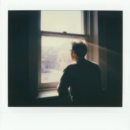 a man looking out a window in the afternoon, flash polaroid photo by george hurrell, hazy light rays