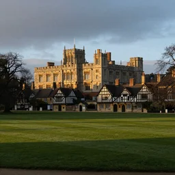 a Tudor style village in the shadows of an enormous Gothic Revival architecture castle in a lovely meadow at dusk