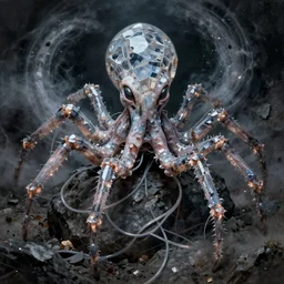concept art of an alien cybernetic spider octopus made of silica crystal and full of glowing translucent cables, on a dark rock background, surrounded by spirals of fog, grimy, gritty, trending on artstation, award winning painting, close portrait, cgi, art by david cronenberg, chris cunningham and christophe vacher